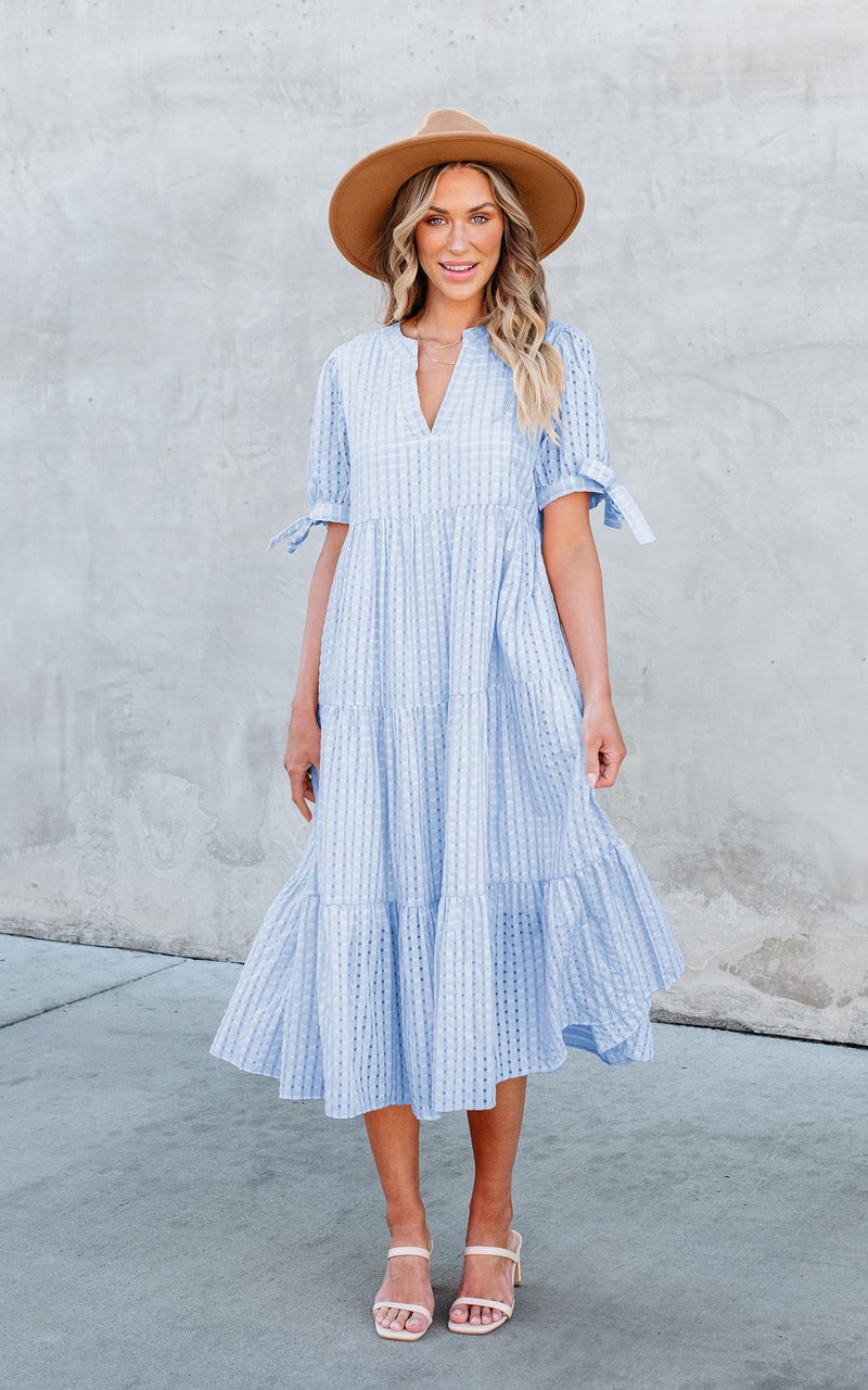 ECOWISH Women Summer Casual Dress - V Neck Short Sleeve Gingham Midi Pleated Tiered Loose Fit Holiday Picnic Dresses Light Blue Medium - Image 4