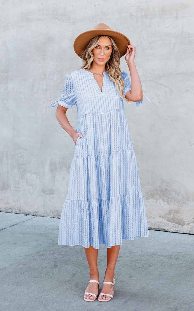 ECOWISH Women Summer Casual Dress - V Neck Short Sleeve Gingham Midi Pleated Tiered Loose Fit Holiday Picnic Dresses Light Blue Medium - Image 2