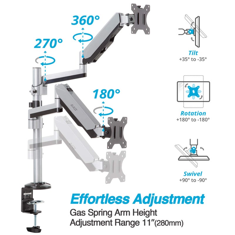 AVLT Dual 13 to 27 in Stacked Monitor Arm Desk Mount, Fits Two Flat or Curved Screens, Full Motion Height Adjustable Swivel Tilt Rotation, VESA C-Clamp Grommet Cable Management - Image 3