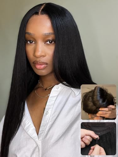 Nadula Bye Bye Knots Yaki Straight Glueless Wig Human Hair with Elastic Drawstring Pre Cut 7x5 Invisible Knots HD Lace Front Put on and Go Wigs Pre Everything Glueless Light Kinky Staight Wigs 20inch - Image 1