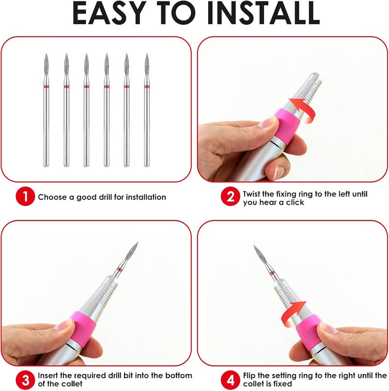 Sibba 6pcs Cuticle Drill Bit Set Flame Stainless Steel Bit with Case for Manicure Pedicure Diamond Drill Polishing File Grinding Heads Tools Metal Professional Carbide Remover Bits Acrylic Gel Nails Flat working surface - Image 3