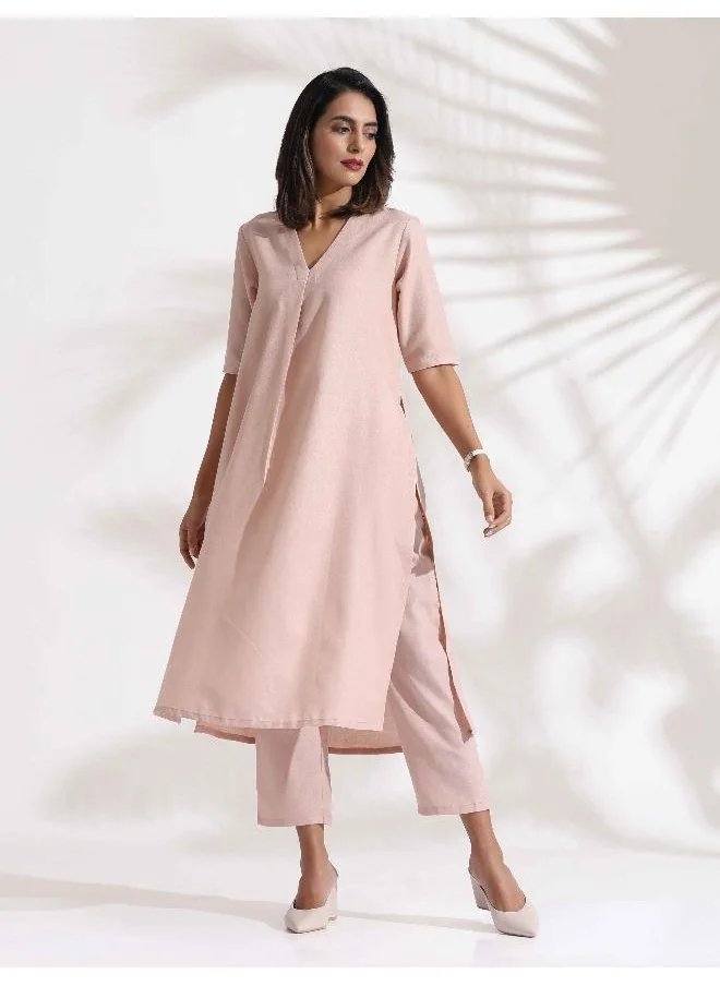 ترو برونز trueBrowns Light Pink Slub Kurta Set