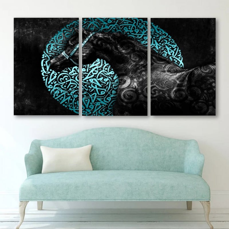 ماركتنا ثلاث لوحات قماشية مودرن بتصميم حصان مع برواز مجوف مقاس (90×40) ثلاث قطع - Image 1