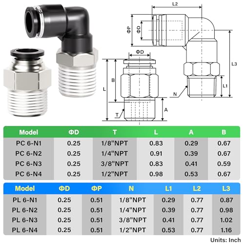 TAILONZ PNEUMATIC Elbow and Straight Combination 6MM Tube OD x 1/4 Inch NPT Thread Push to Connect Fittings PC6-N2+PL6-N2(Pack of 12) - Image 2