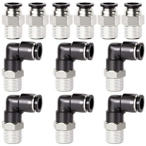 TAILONZ PNEUMATIC Elbow and Straight Combination 6MM Tube OD x 1/4 Inch NPT Thread Push to Connect Fittings PC6-N2+PL6-N2(Pack of 12) - Image 1