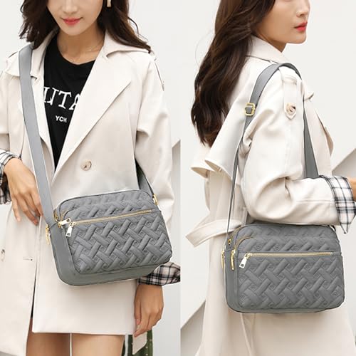 Voikukka Medium Nylon Crossbody Bags for Women Travel Shoulder Bag Quilted Cross Body Bag Grey Women's Crossbody Handbags Trendy Phone Large Casual Crossbody Purses - Image 2