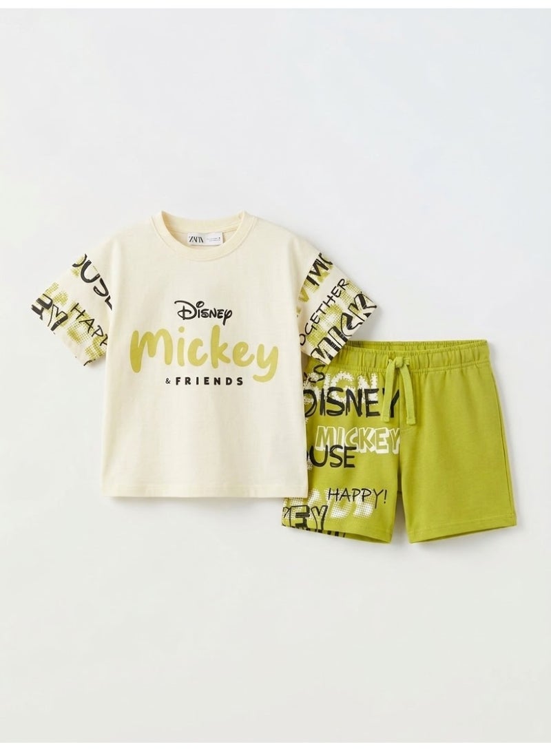 Zara Boys' Disney Mickey & Friends 100% Cotton Graffiti Typography T-Shirt & Shorts Set - Image 1