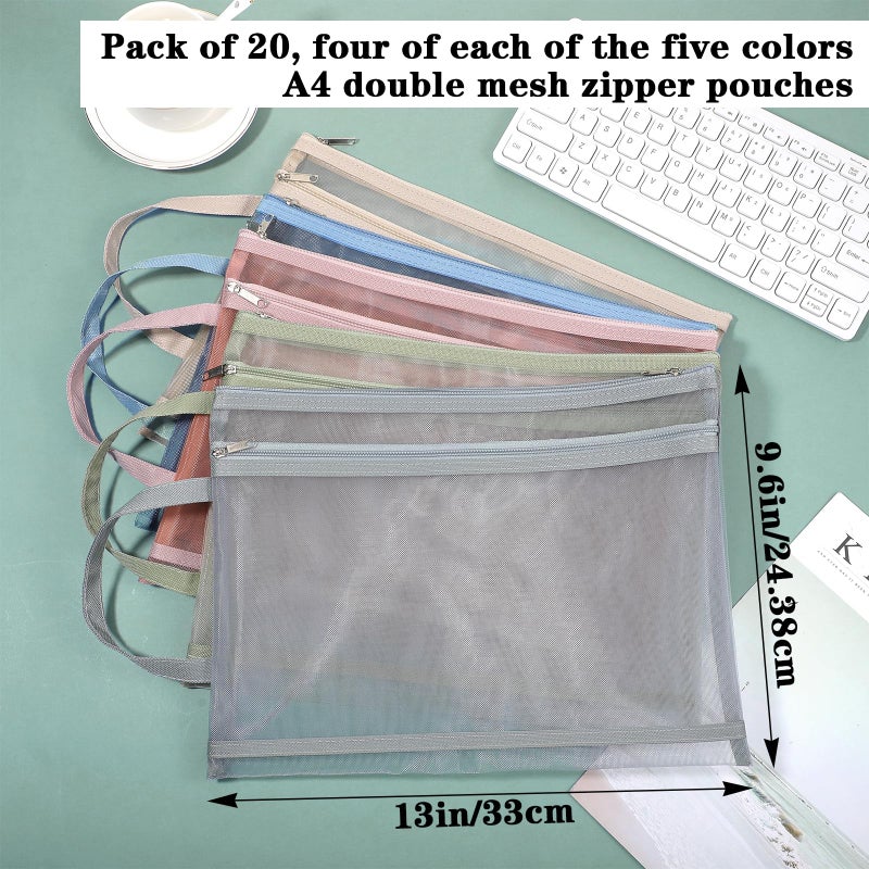 AojSup 20 Pack Mesh Zipper Pouches A4 Size, Double Layer Mesh Storage Bags with Zipper Handle for Organizing Documents, Cosmetics, Toiletries, Office Supplies, Travel Essentials and Home Organization - Image 2