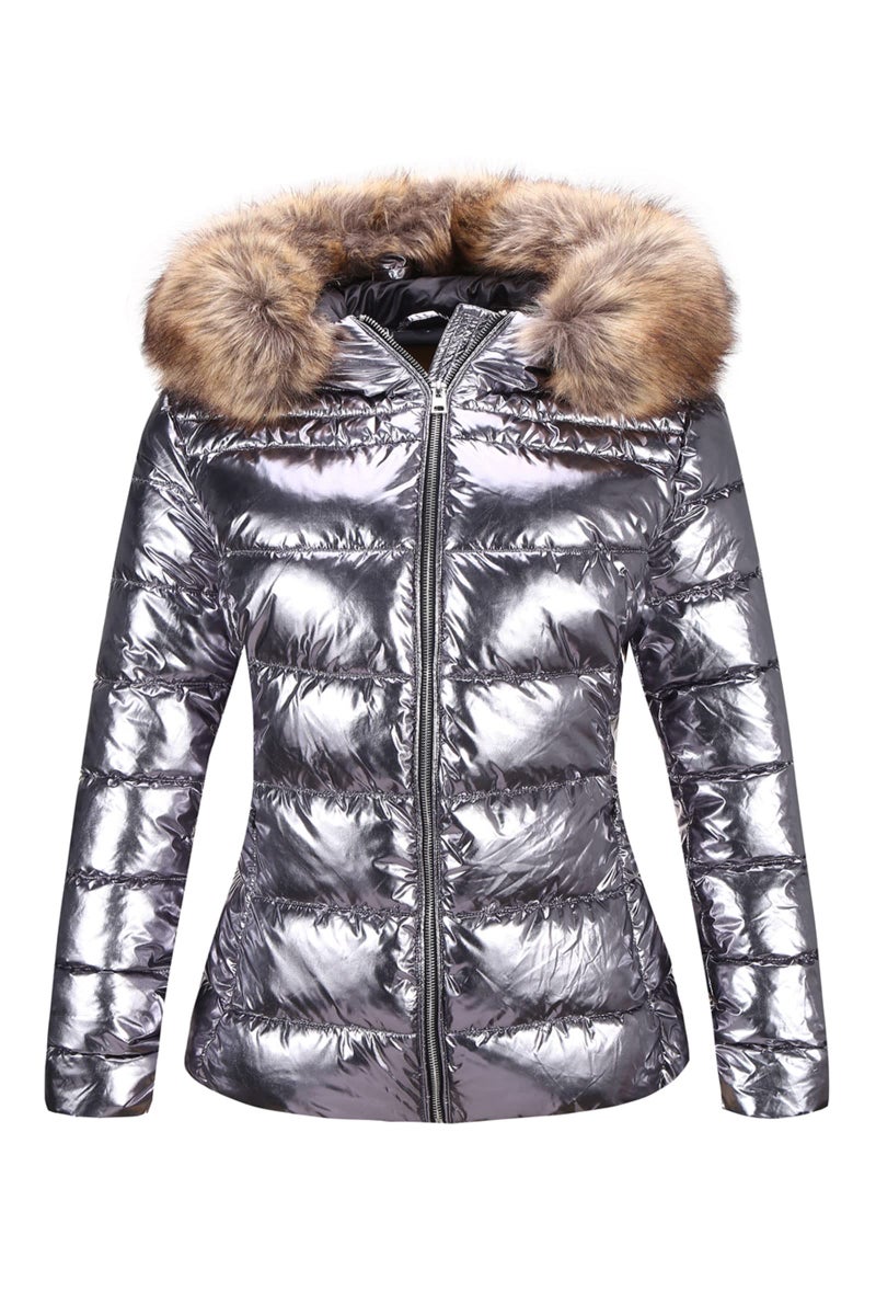 Bellivera Women Puffer Jacket Winter Clothes Trendy Warm Quilted Bubble Padded Hood Coat with Faux Fur Collar 7695 Silver L