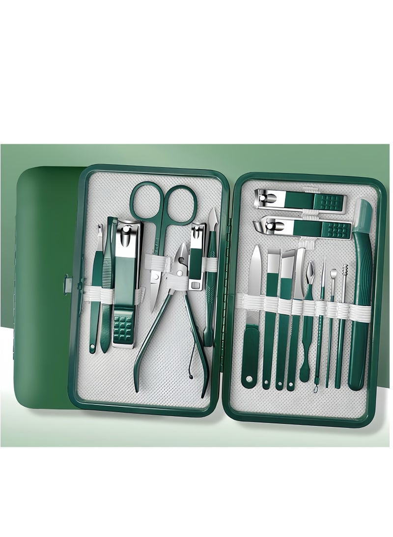 Lee Yon 18-Piece Professional Nail Care Kit Stainless Steel Manicure & Pedicure Set Nail Clipper Set with Travel Case, Green - Image 1