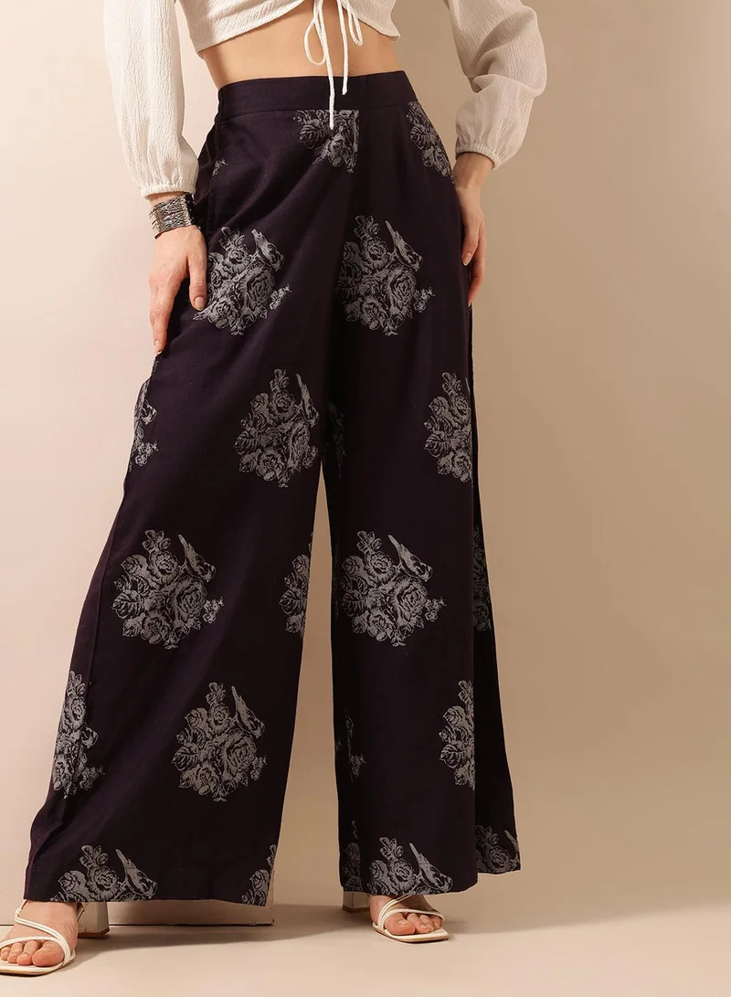 آي شين Indigo Poly Blend Printed Full Length Palazzo Flared Trouser For Women