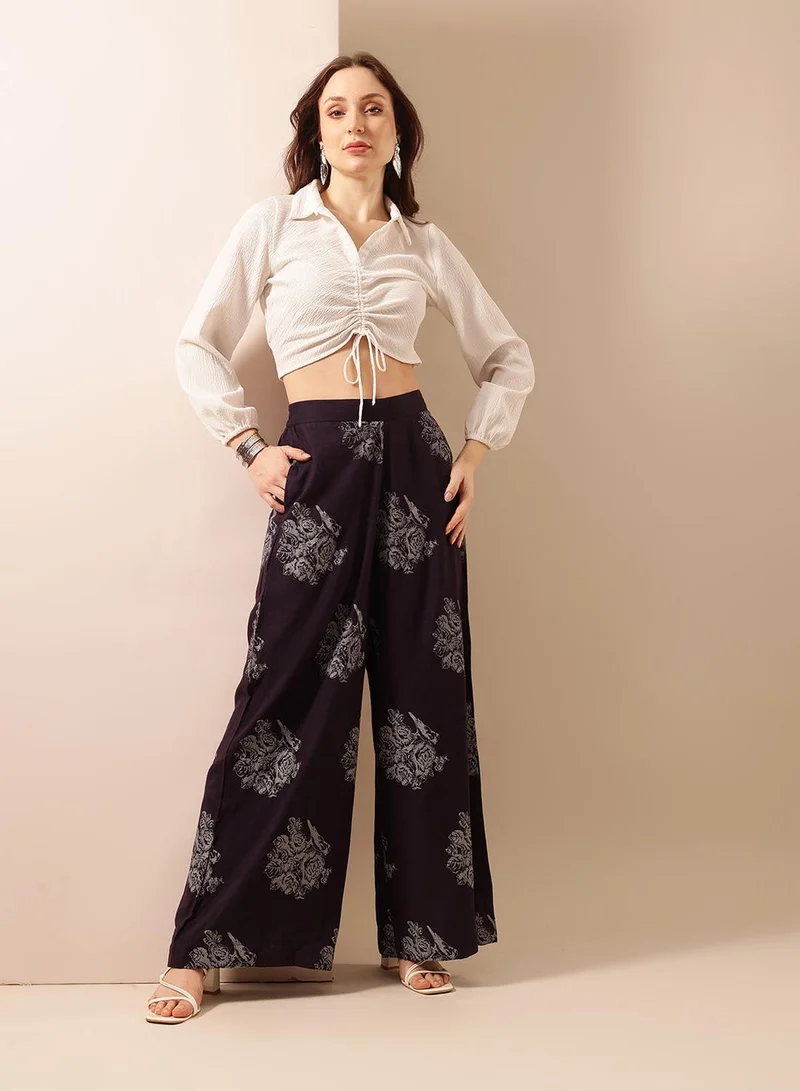 آي شين Indigo Poly Blend Printed Full Length Palazzo Flared Trouser For Women