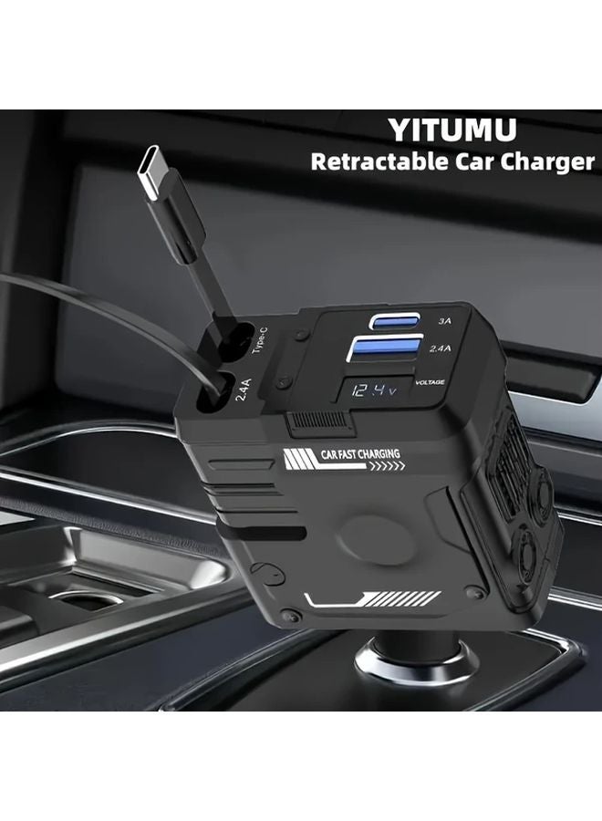 Black YITUMU شاحن سيارة قابل للسحب فائق السرعة 66 واط 4 في 1 بمنفذين USB - Image 2