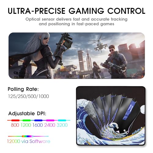 HITIME XVX Wired Gaming Mouse, 12000 DPI RGB Mouse with 12 Backlit Modes & 7 Macro Buttons, PC Gaming Mice Support DIY Keybinding, Gamer Computer Mice for Laptop PC Mac Windows, Kanagawa - Image 3