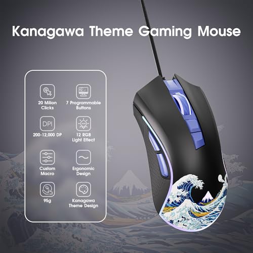 HITIME XVX Wired Gaming Mouse, 12000 DPI RGB Mouse with 12 Backlit Modes & 7 Macro Buttons, PC Gaming Mice Support DIY Keybinding, Gamer Computer Mice for Laptop PC Mac Windows, Kanagawa - Image 2