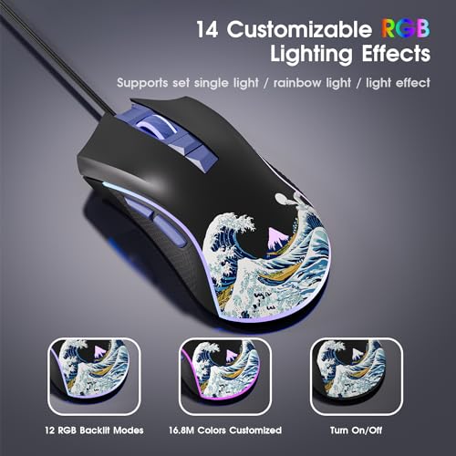 HITIME XVX Wired Gaming Mouse, 12000 DPI RGB Mouse with 12 Backlit Modes & 7 Macro Buttons, PC Gaming Mice Support DIY Keybinding, Gamer Computer Mice for Laptop PC Mac Windows, Kanagawa - Image 5