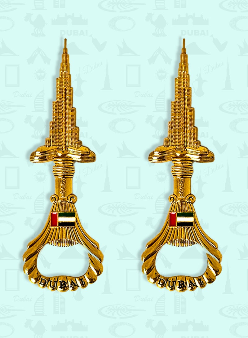 Souvenir Souq 2 pcs Fridge Magnet Bottle Opener featuring Burj Khalifa, Gold plated — a functional and stylish Dubai souvenir for home or gifting. - Image 1