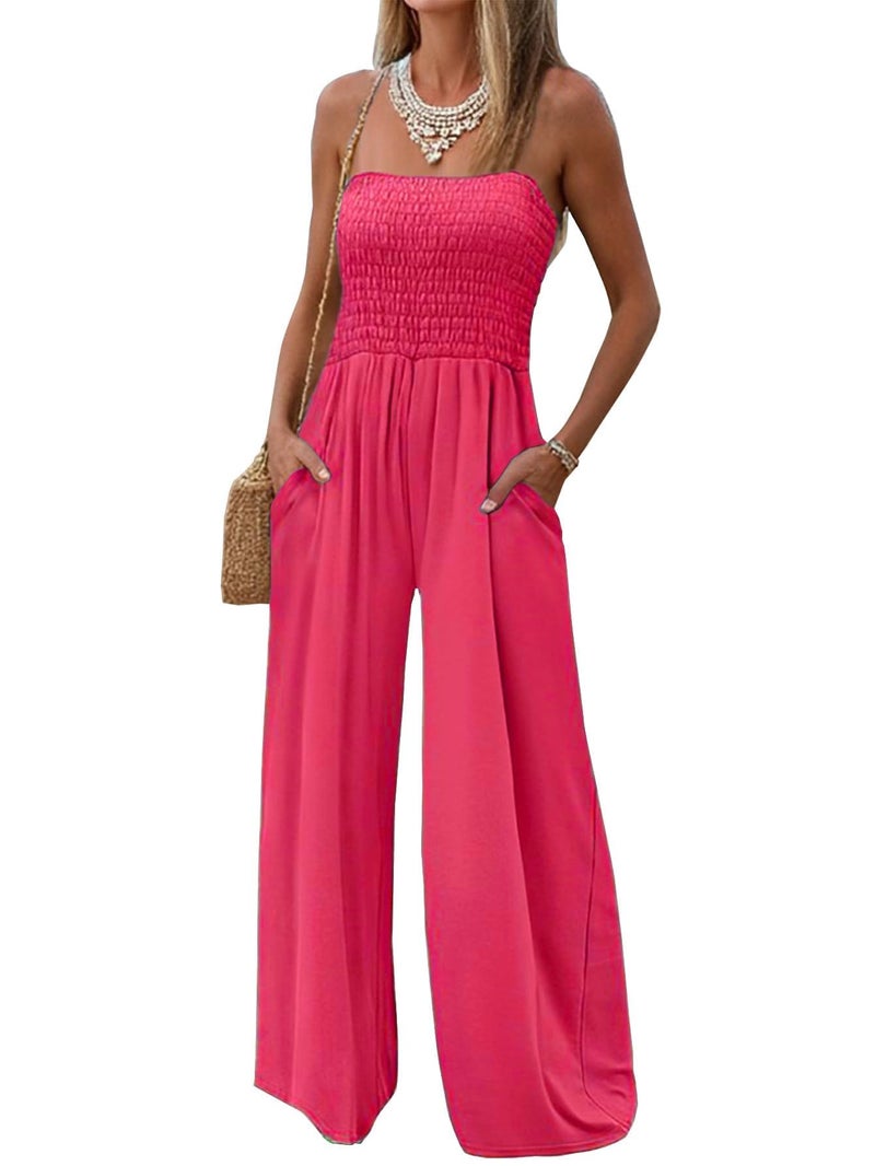 AUXDIO Formal Jumpsuit for Women Summer 2026 New Off Shoulder Rompers Elegant Work Smocked Casual Outfits Pink L - Image 1