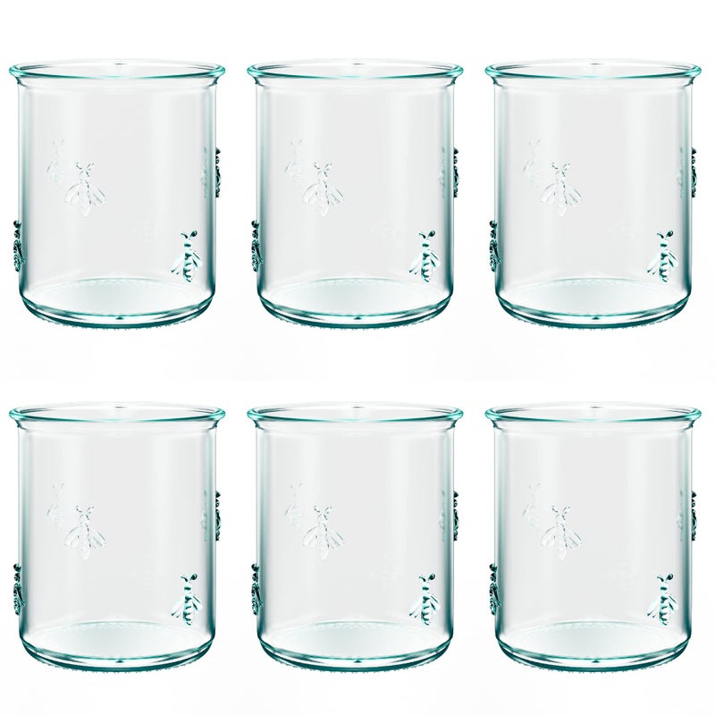 Amici Home Regina DOF Glass  12 Oz  Italian Made Recycled Green Glass  Drinking Glass with Embossed Bee Design for Water Juice Iced Tea Cocktails Set of 6