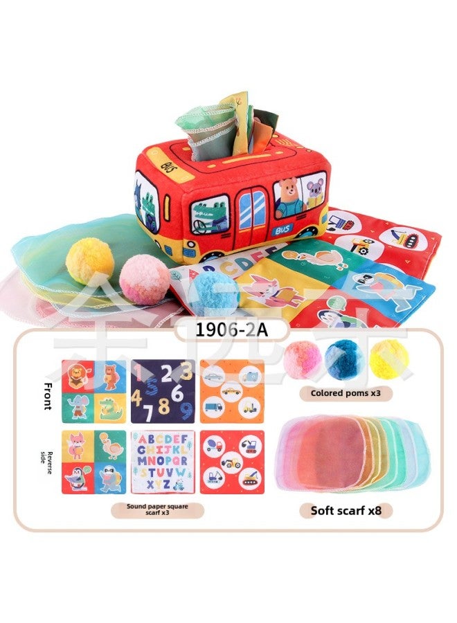 Baby Early Education Cloth Book Tissue Box Ring Paper Square Towel Cognitive Animal English Tear Not To Rip Children's Tissue Toy-Color:1906-2A Car Towel Box With Pompom 79.8G Volume Weight 350 Grams  - Image 1
