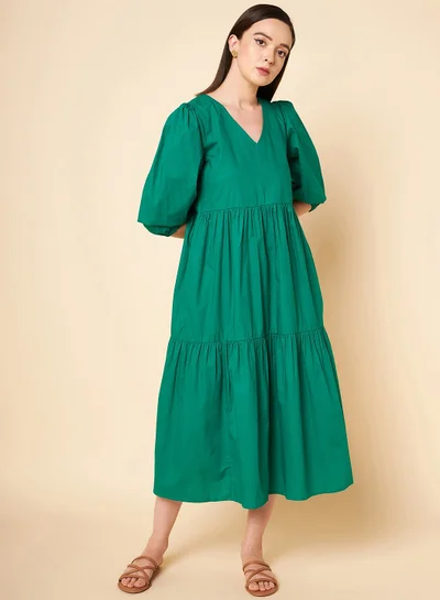 هاي ستار Fit and Flare Midi Dress for Women in Magenta with V-Neck and Puff Sleeves