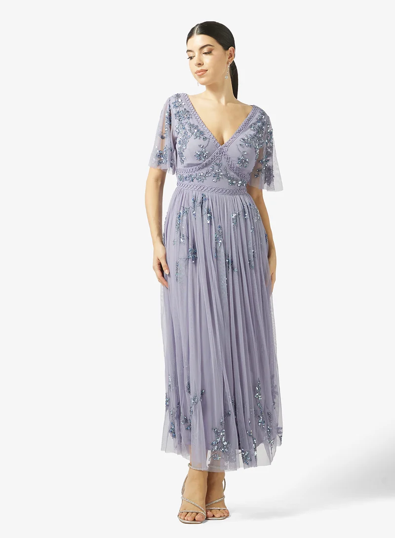 Maya Embellished Angel Sleeve Open Back Maxi Dress