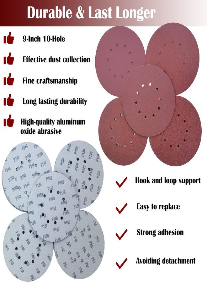 Tonmp 50 PCS 9-Inch 10-Hole Hook-and-Loop Sanding Discs for Drywall Sander -10 Pack Each of 60 80 120 150 240 Grits Sander Paper - Image 4
