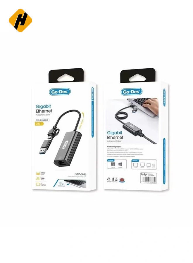 HuHa 2 in 1 Type-C and USB-A Gigabit Ethernet Converter Cable – 1000Mbps, 50cm with RJ45 Port, Aluminum Alloy Protection, Plug & Play for Windows, Linux, MacOS, and Devices  - Image 1