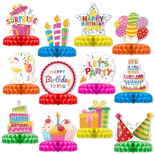 TMTECHJS 12 Pcs Birthday Table Decorations Colorful Birthday Centerpieces for Tables Happy Birthday Decorations Honeycomb Centerpieces Decor for Kids Happy Birthday Party Supplies - Image 1