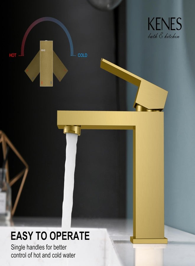 KENES Brushed Gold Bathroom Faucet, Modern Single Hole Lavatory Vanity Faucet, Single Handle Bathroom Sink Faucet Gold, with Pop Up Drain & Water Supply Hoses LJ-9031-4 - Image 4