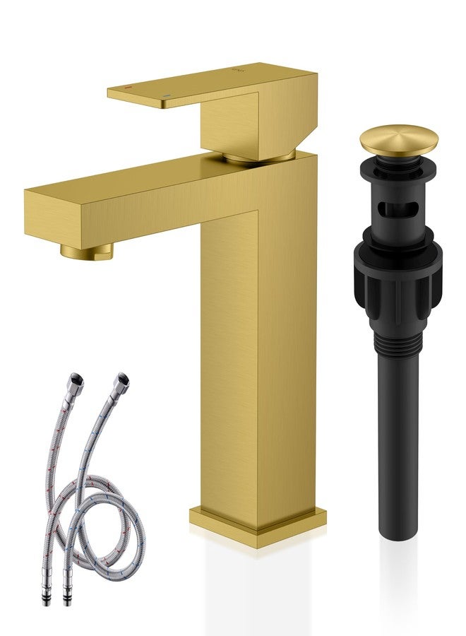 KENES Brushed Gold Bathroom Faucet, Modern Single Hole Lavatory Vanity Faucet, Single Handle Bathroom Sink Faucet Gold, with Pop Up Drain & Water Supply Hoses LJ-9031-4 - Image 1