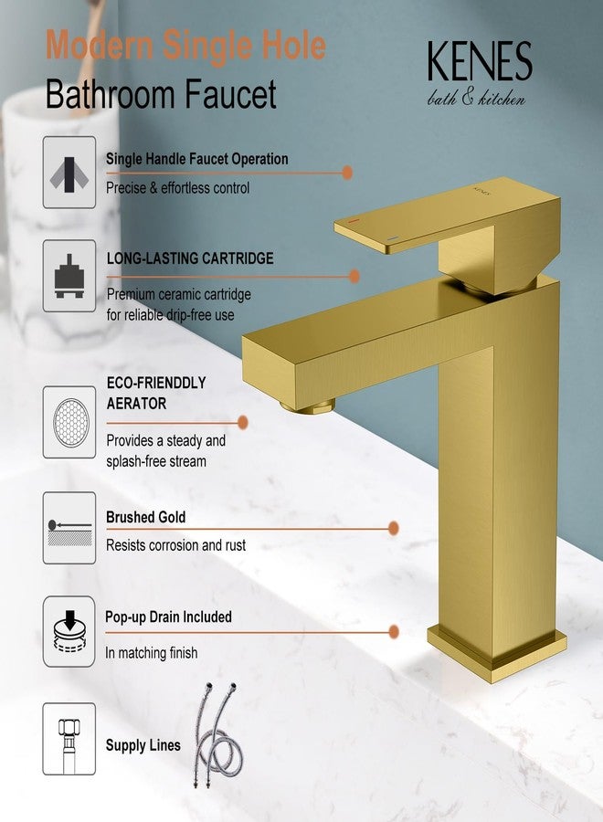 KENES Brushed Gold Bathroom Faucet, Modern Single Hole Lavatory Vanity Faucet, Single Handle Bathroom Sink Faucet Gold, with Pop Up Drain & Water Supply Hoses LJ-9031-4 - Image 3