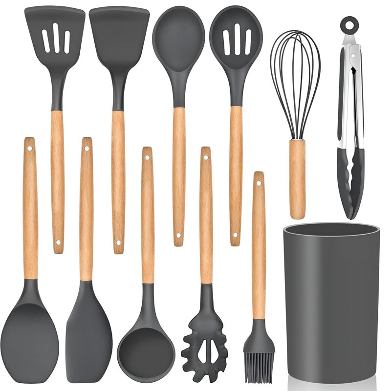 Heat Resistant Silicone Tools - Complete 12-Piece Set with Storage Holder, Perfect for Non-Stick Pans, Includes Spatula, Tongs, Whisk, Ladle, Brush, and Slotted Spoon - Image 1