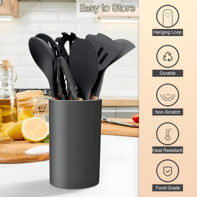 Heat Resistant Silicone Tools - Complete 12-Piece Set with Storage Holder, Perfect for Non-Stick Pans, Includes Spatula, Tongs, Whisk, Ladle, Brush, and Slotted Spoon - Image 3