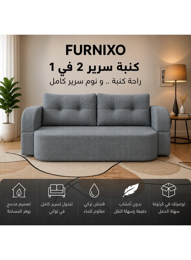 فورنكسو FURNIXO كنبة سرير قابلة للتحويل 2 في 1 – 190×110 سم – كنبة مريحة تتحول إلى سرير كامل – موفرة للمساحة للشقق الصغيرة – قماش رويال تركي قابل للغسيل – كنبة إسفنج مضغوط بدون أخشاب – 2 مخدة - رمادي غامق - Image 1