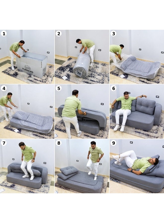 فورنكسو FURNIXO كنبة سرير قابلة للتحويل 2 في 1 – 190×110 سم – كنبة مريحة تتحول إلى سرير كامل – موفرة للمساحة للشقق الصغيرة – قماش رويال تركي قابل للغسيل – كنبة إسفنج مضغوط بدون أخشاب – 2 مخدة - رمادي غامق - Image 4