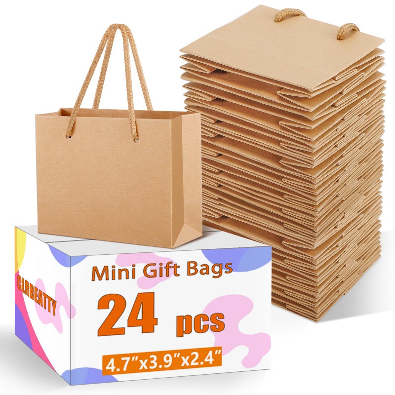 CLRBEATTY 24 Pcs Extra Small Gift Bags, 3.9 x 4.7 x 2.4 Inch Mini Kraft Paper Gift Bags with Handles for Wedding, Birthday, Baby Shower, Party Favors - Image 1