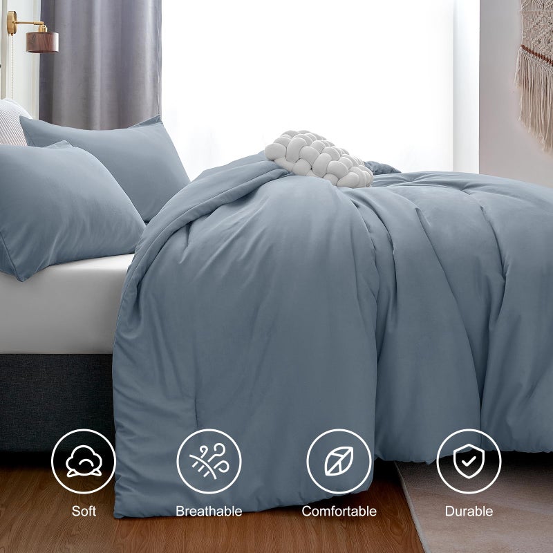 CozyLux Grayish Blue Comforter Set Full Size  3 Pieces Solid Breathable Quilted Boho Style Bedding Sets  Luxury Fluffy Soft Microfiber Comforter for All Season(1 Comforter & 2 Pillowcases) - Image 5