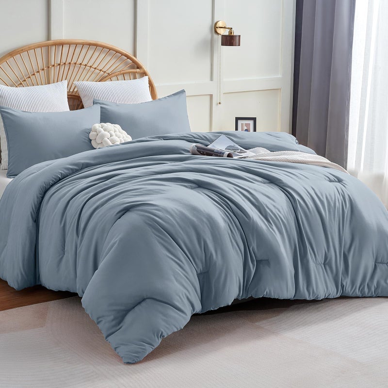 CozyLux Grayish Blue Comforter Set Full Size  3 Pieces Solid Breathable Quilted Boho Style Bedding Sets  Luxury Fluffy Soft Microfiber Comforter for All Season(1 Comforter & 2 Pillowcases) - Image 1