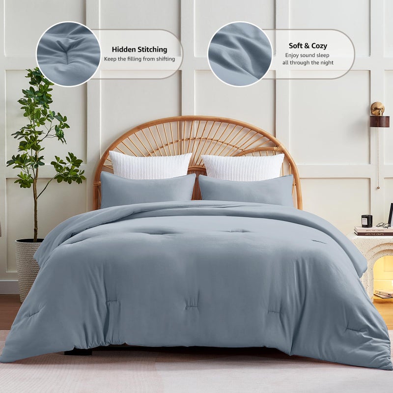CozyLux Grayish Blue Comforter Set Full Size  3 Pieces Solid Breathable Quilted Boho Style Bedding Sets  Luxury Fluffy Soft Microfiber Comforter for All Season(1 Comforter & 2 Pillowcases) - Image 2