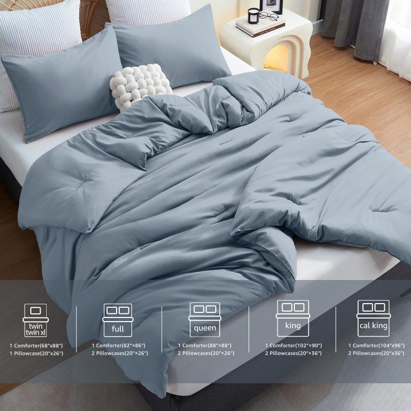 CozyLux Grayish Blue Comforter Set Full Size  3 Pieces Solid Breathable Quilted Boho Style Bedding Sets  Luxury Fluffy Soft Microfiber Comforter for All Season(1 Comforter & 2 Pillowcases) - Image 3