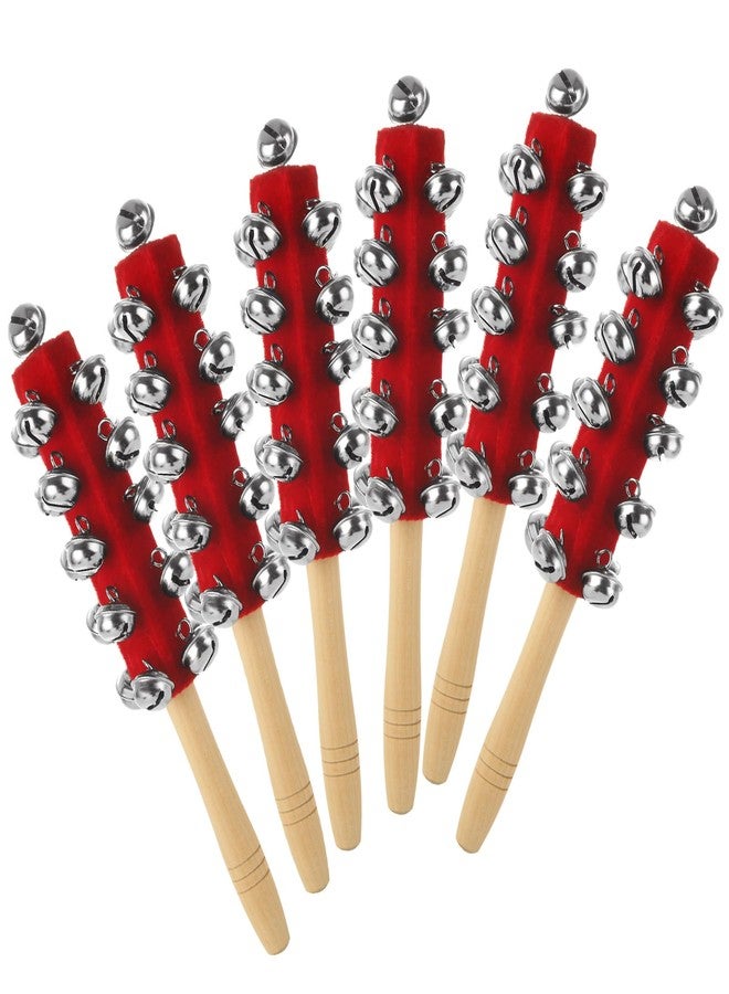 LOLYSIC 6 Pack Christmas Hand Jingle Bells Wooden Handle Sleigh Bells Christmas Stick Jingle Bells Shaker Rattle Musical Percussion Handheld Bells Holiday Xmas Gifts - Image 1