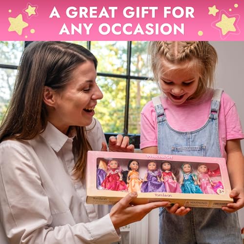 TOMLEON Princess Dolls Playset 6 Mini Princess Dolls with Colorful Gowns Crowns Jewelry Fantasy Role Play Set for Kids with Elegant Dresses Accessories RoyalThemed Box Gift for Ages 3 - Image 5
