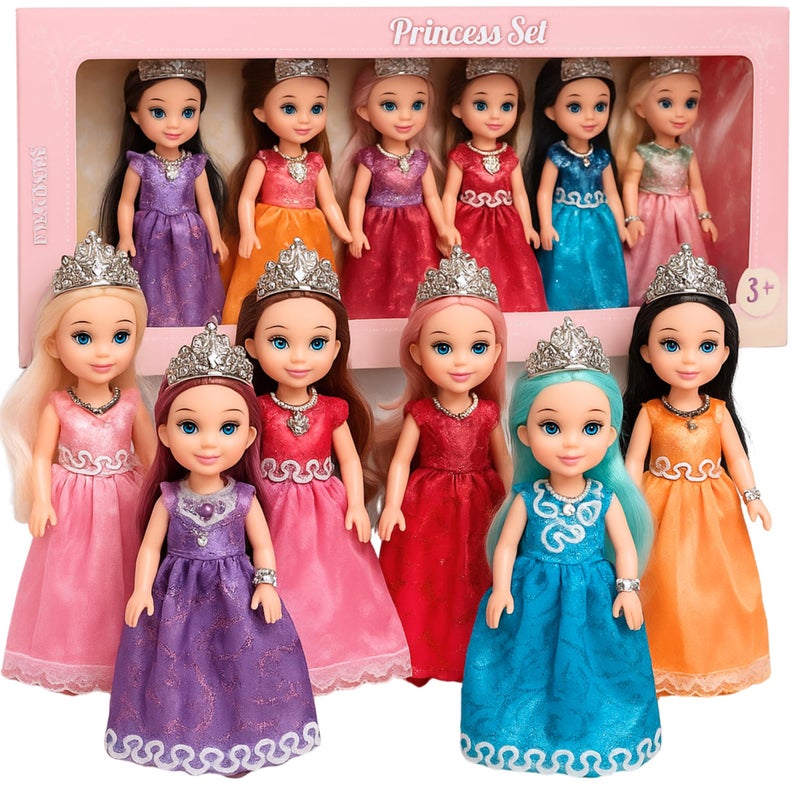 TOMLEON Princess Dolls Playset 6 Mini Princess Dolls with Colorful Gowns Crowns Jewelry Fantasy Role Play Set for Kids with Elegant Dresses Accessories RoyalThemed Box Gift for Ages 3 - Image 3