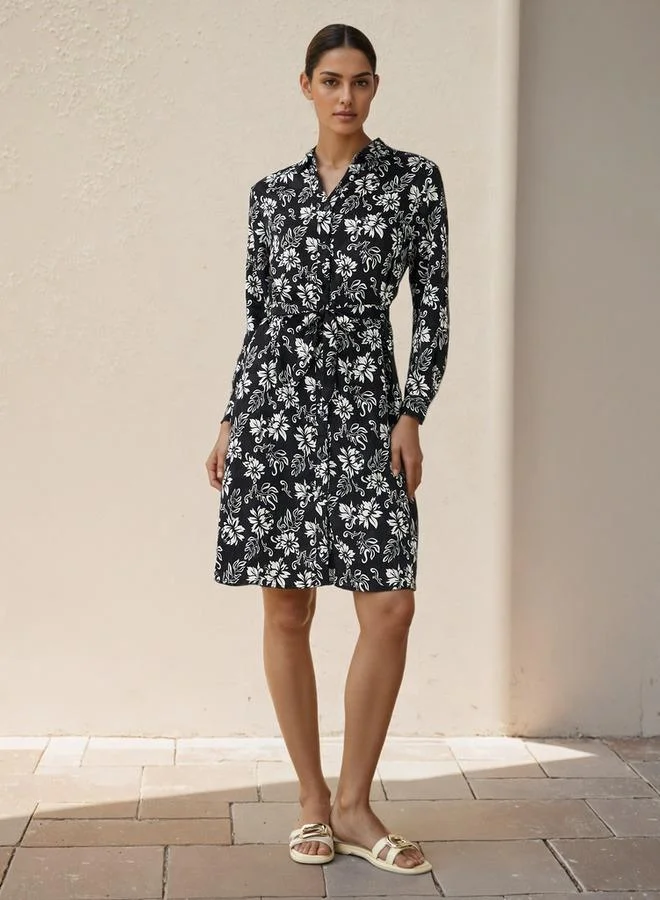 Splash FAV Knee Length Shirt Belted Dress with Floral Print