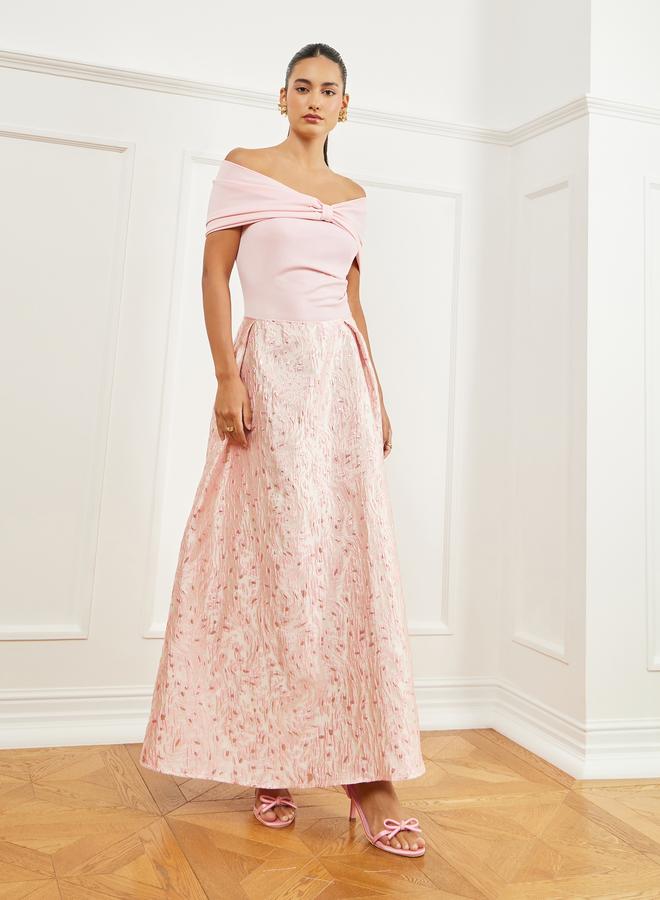 Styli Pink Jacquard Off-Shoulder A-Line Maxi Dress - Image 1