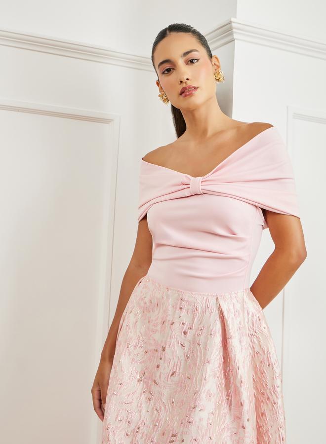 Styli Pink Jacquard Off-Shoulder A-Line Maxi Dress - Image 2