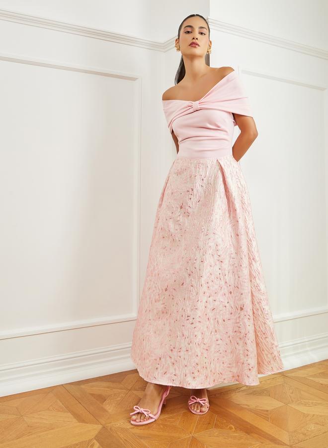 Styli Pink Jacquard Off-Shoulder A-Line Maxi Dress - Image 3