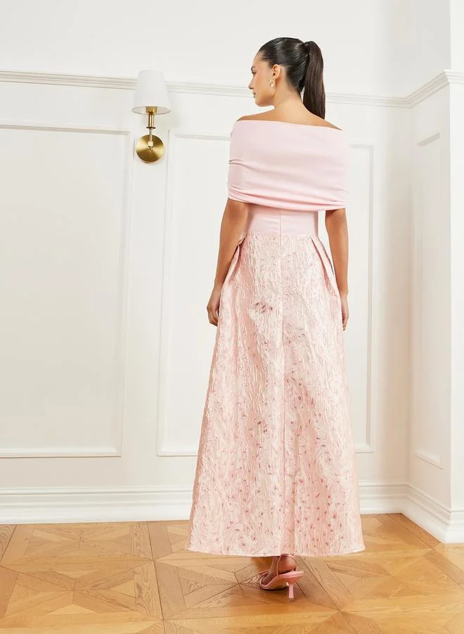 Styli  Pink Jacquard Off-Shoulder A-Line Maxi Dress for Women | Best Price UAE