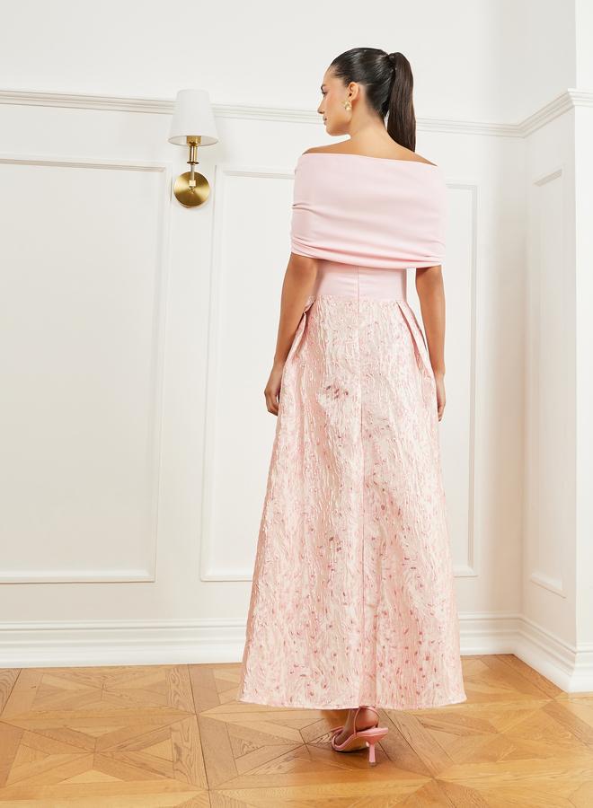 Styli Pink Jacquard Off-Shoulder A-Line Maxi Dress - Image 5
